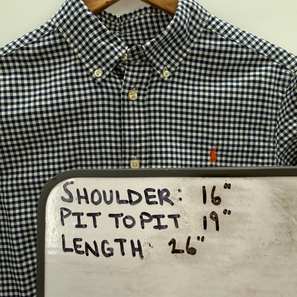 Ralph Lauren Boys‎ Large 14-16 Gingham Button Down Shirt Navy White Cotton